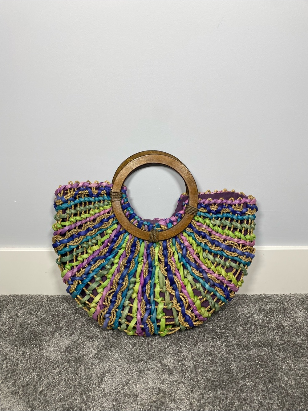 Capelli Straworld Purple Lined Straw Purse Handbag with Wood Handle NWT boho